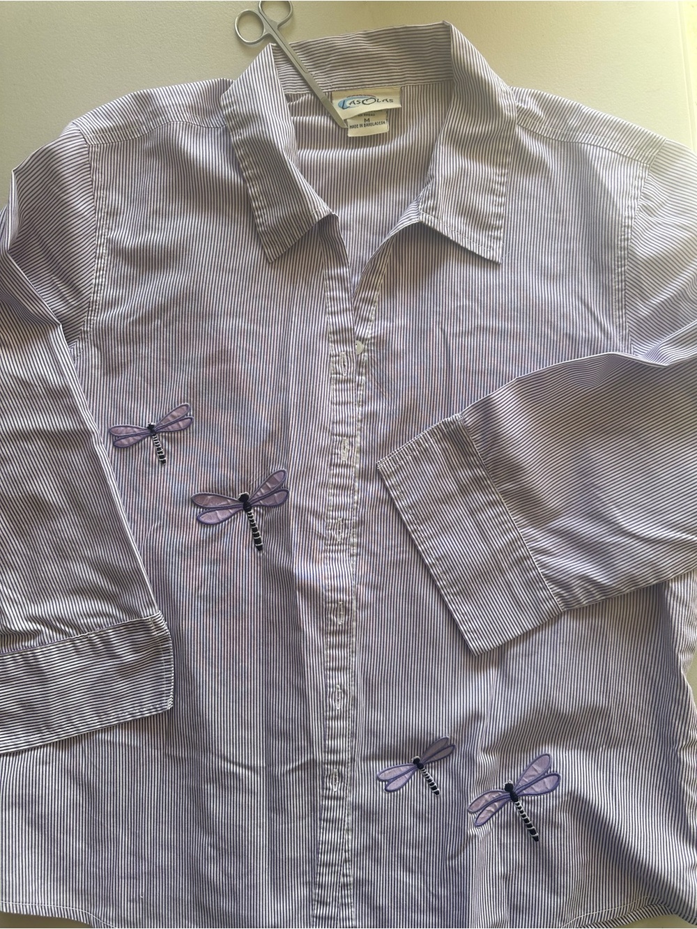 Vintage LasOlas Women's Lavender Stripe Button-Up with Dragonfly Embroidery. M